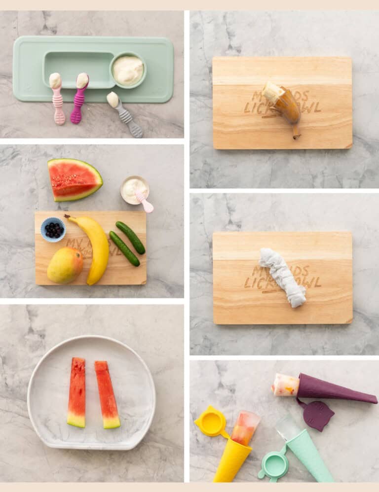 Six photo collage of teething foods for kids