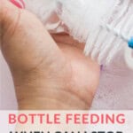 A bottle being washed with a bottle brush, text overlay; Bottle Feeding, when to stop sterilising, one less chore.