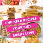 A collage of eight recipes made with chickpeas with text overlay: Chickpea recipes your kids might love.