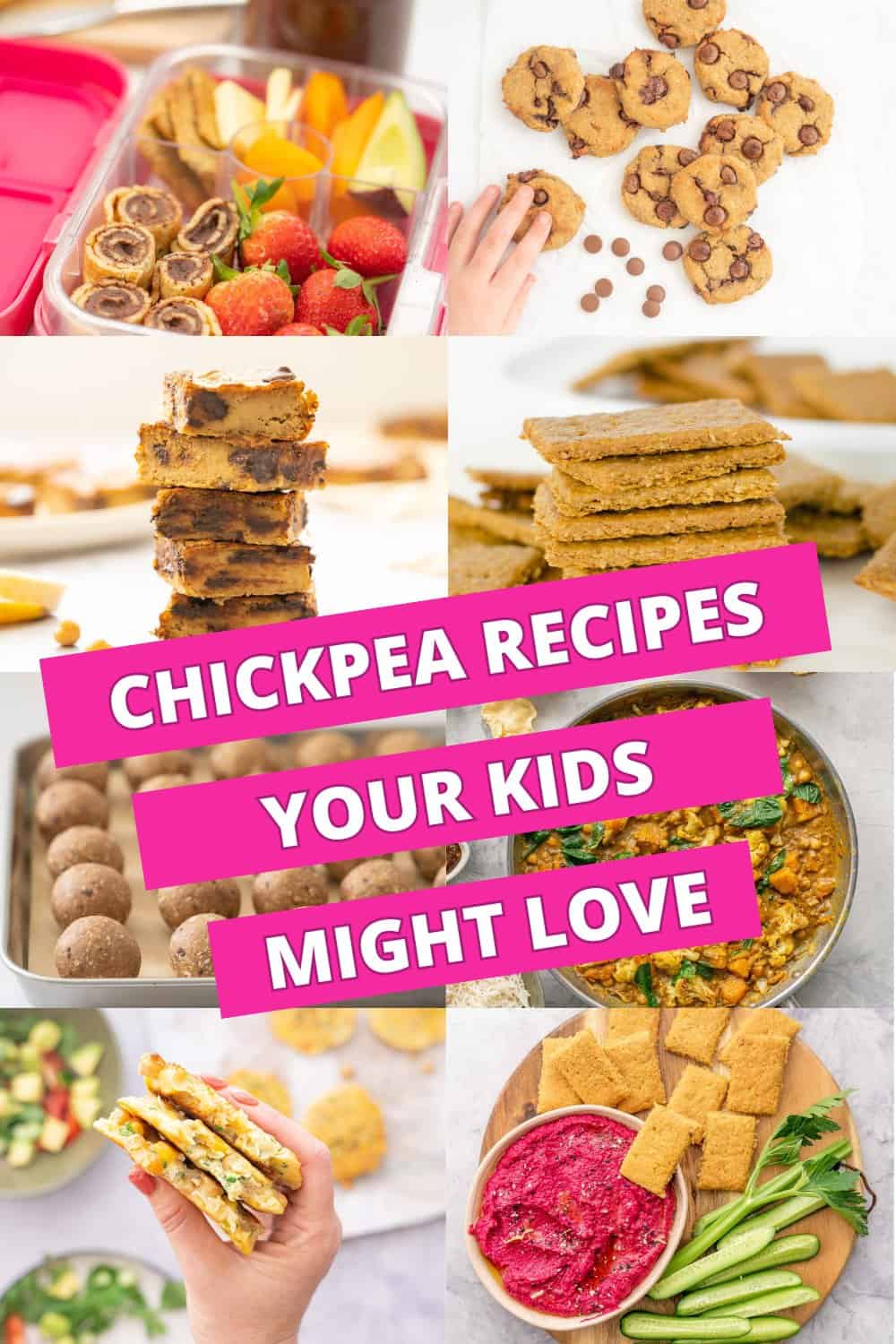 A collage of eight recipes made with chickpeas with text overlay: Chickpea recipes your kids might love.
