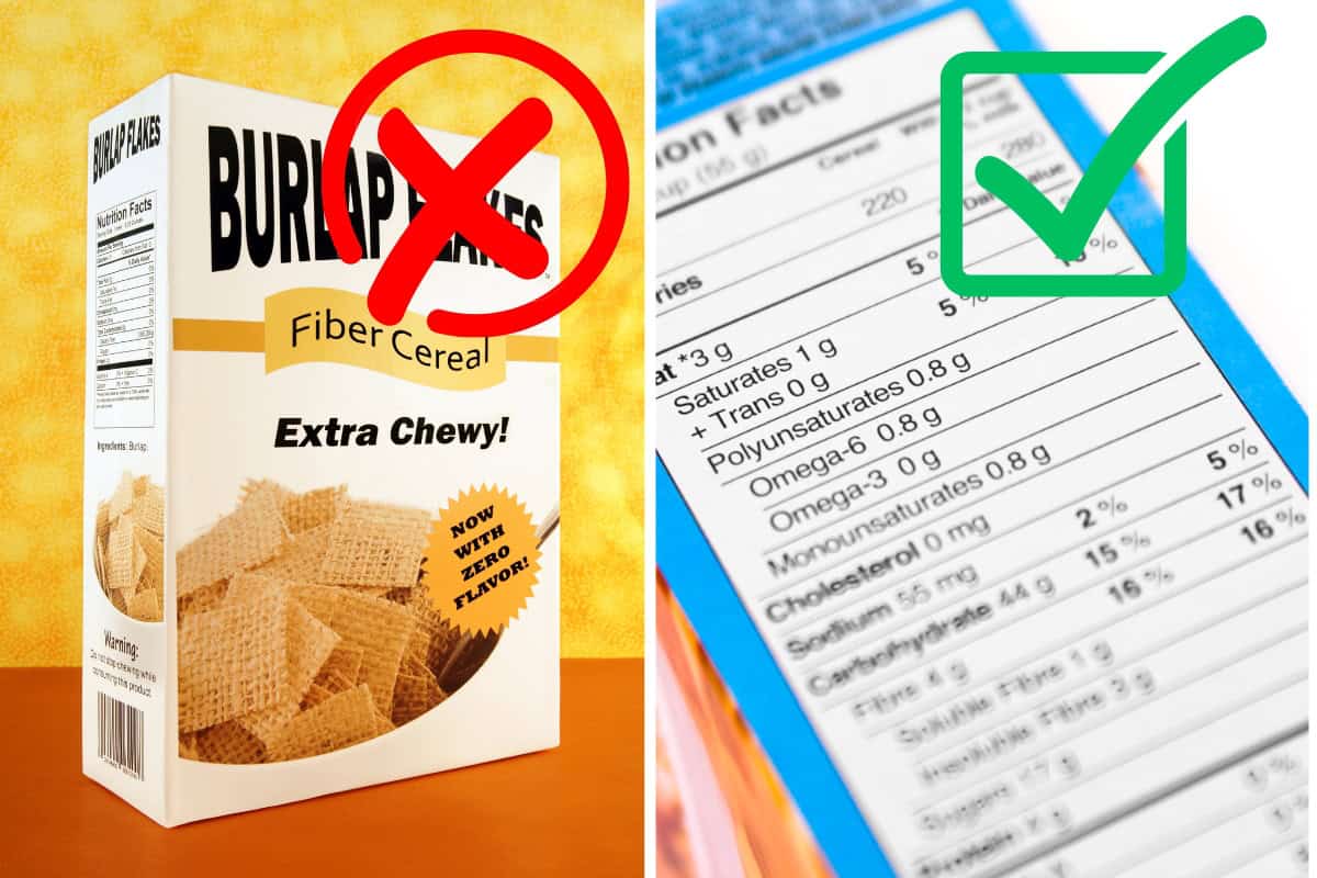 Collage, image of breakfast cereal box, and then image of the nutritional panel. 