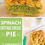 collage of images showing the filling of a spinach and cottage cheese pie and the lattice pastry top