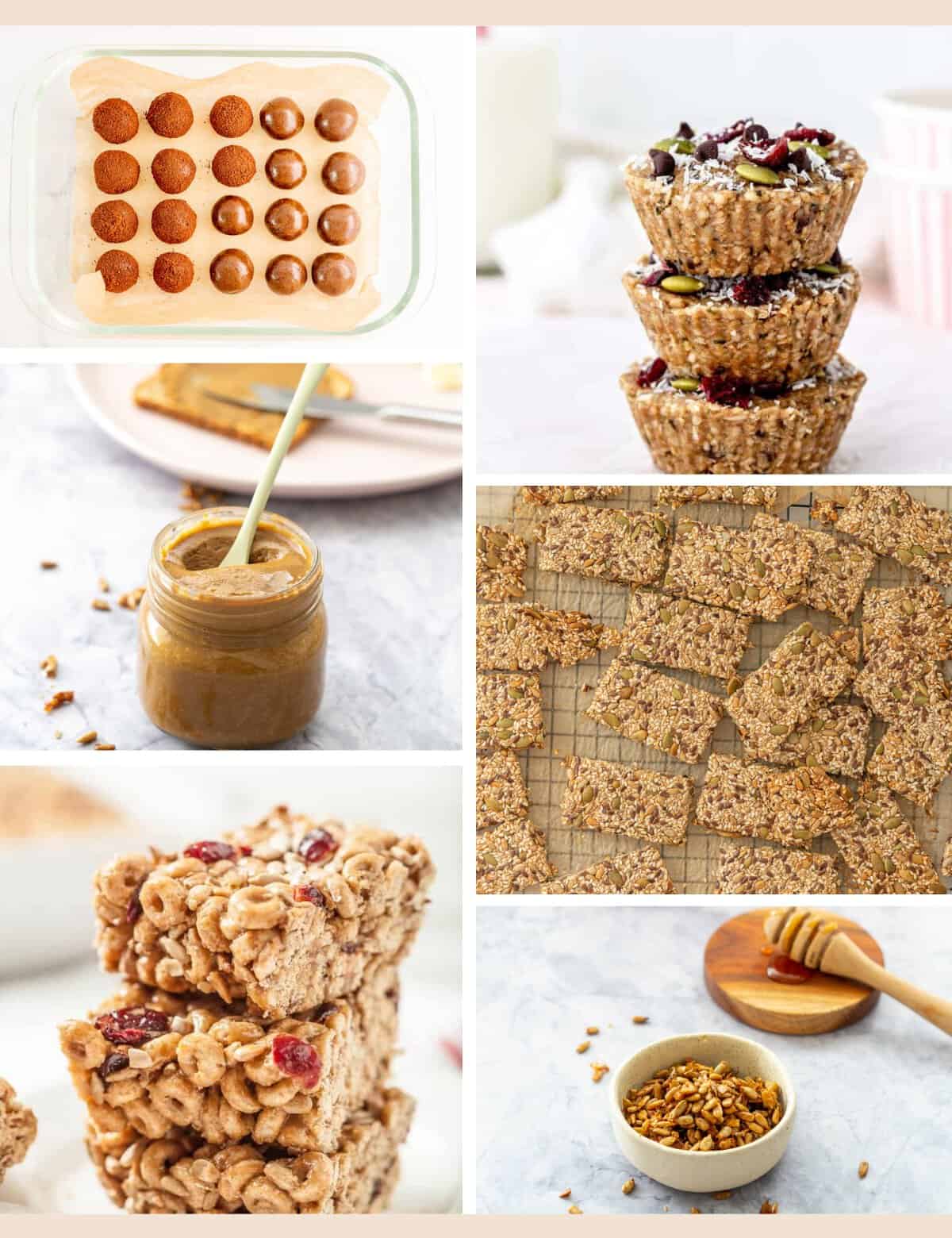 A six photo collage of nut free snack recipes for kids.