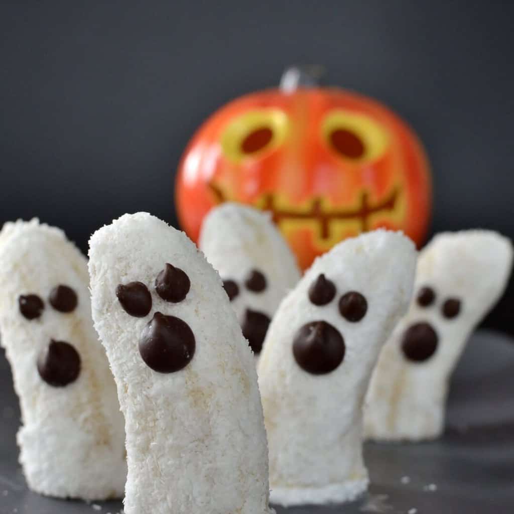 Healthy halloween treat for children. Boonanas made from bananas, coconut and coconut yoghurt