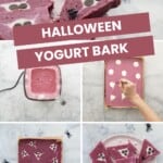 Five image collage of purple yogurt bark decorated with ghosts. Text overlay: Halloween Yogurt Bark