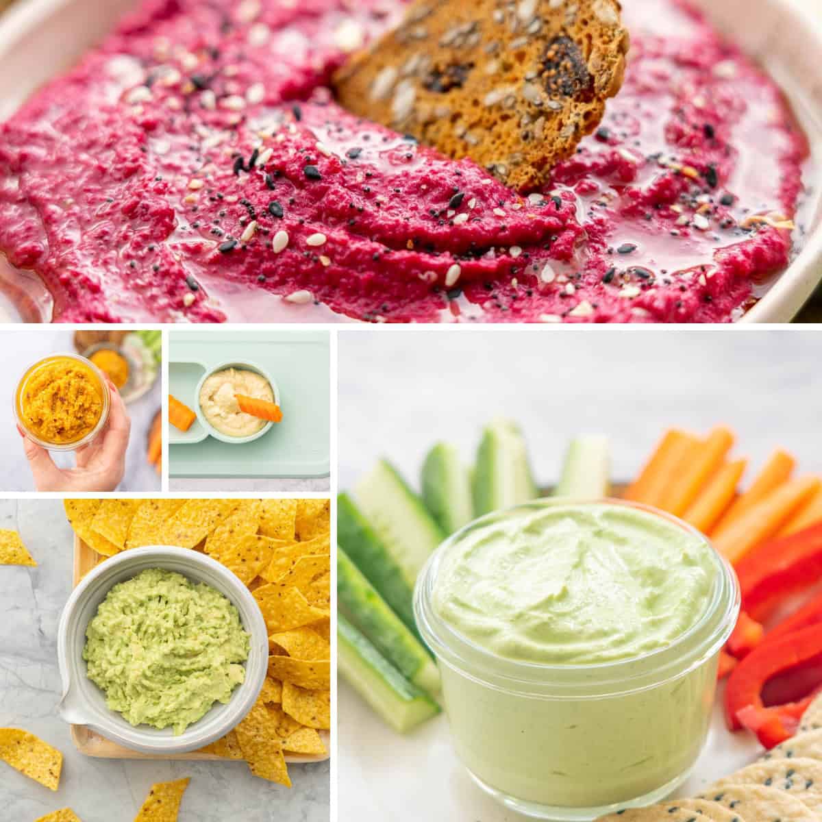 A collage of five different dips you can serve with vegetables.