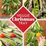 A four photo collage of a Christmas tree shaped veggie tray with text overlay: Veggie Christmas Tray.