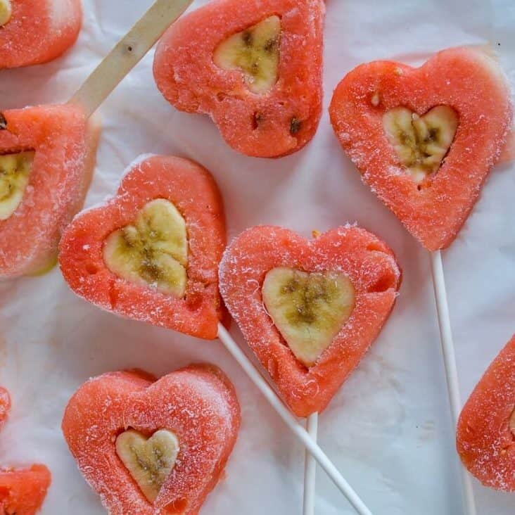 Heart Shaped Frozen Fruit Pops made with watermelon and banana, an easy healthy valentines treat