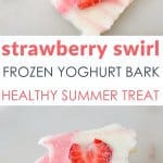 strawberry swirl frozen yogurt bark is a healthy summer low sugar treat. Perfect for kids. Easy to make Recipe.