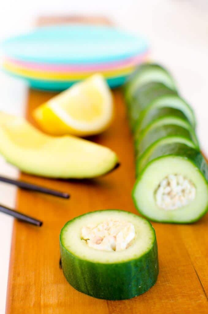 Cucumber sushi for kids, easy, healthy recipe with no seaweed. A fun snack or lunchbox item