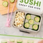 Two photo collage of cucumber sushi with text overlay: 'cucumber sushi great for kids.