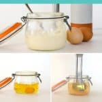 Collage of images showing the process of making mayonnaise with a stick blender