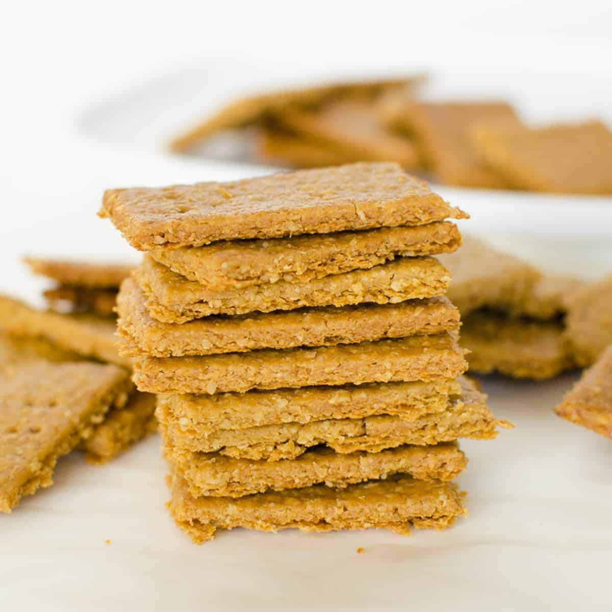 A tower of nine rectangular golden brown crackers.