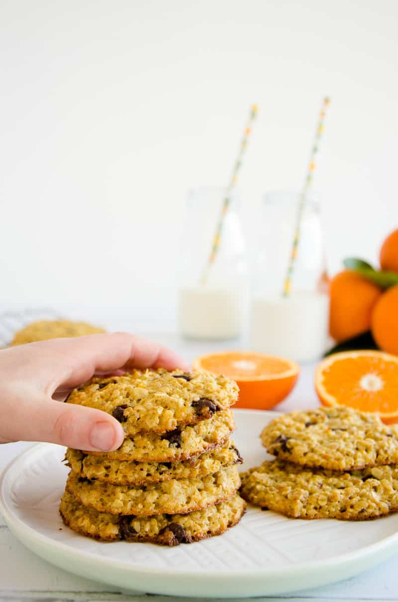 Orange choc chip oat cookies, easy recipe, lower in sugar, soft chewy style cookie