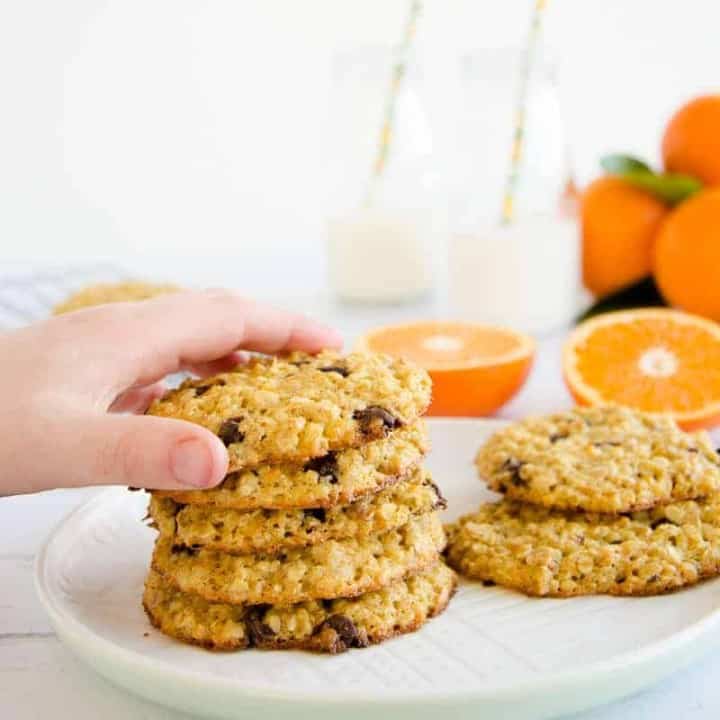 Orange choc chip oat cookies, easy recipe, lower in sugar, soft chewy style cookie