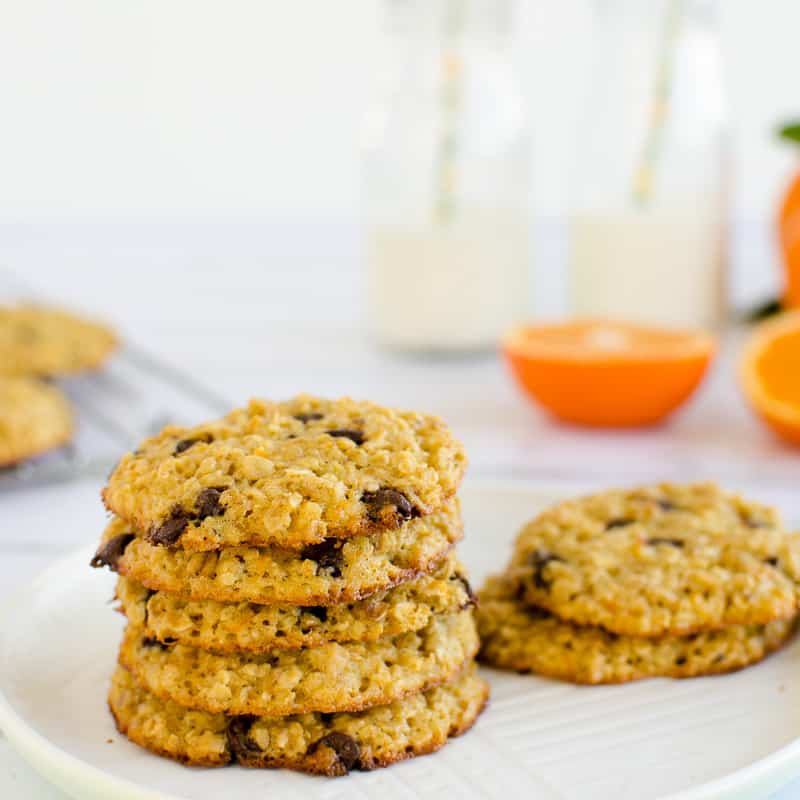 Orange choc chip oat cookies, easy recipe, lower in sugar, soft chewy style cookie