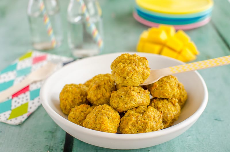 Mango Chicken Bites a Baked Chicken Meatball that is golden and fruity Kid Friendly Recipe