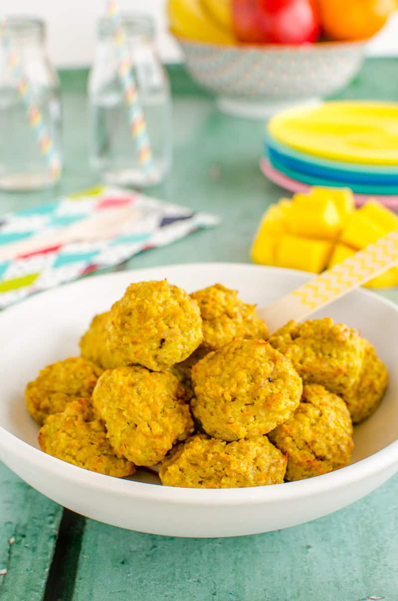 Mango Chicken Bites a Baked Chicken Meatball that is golden and fruity Kid Friendly Recipe