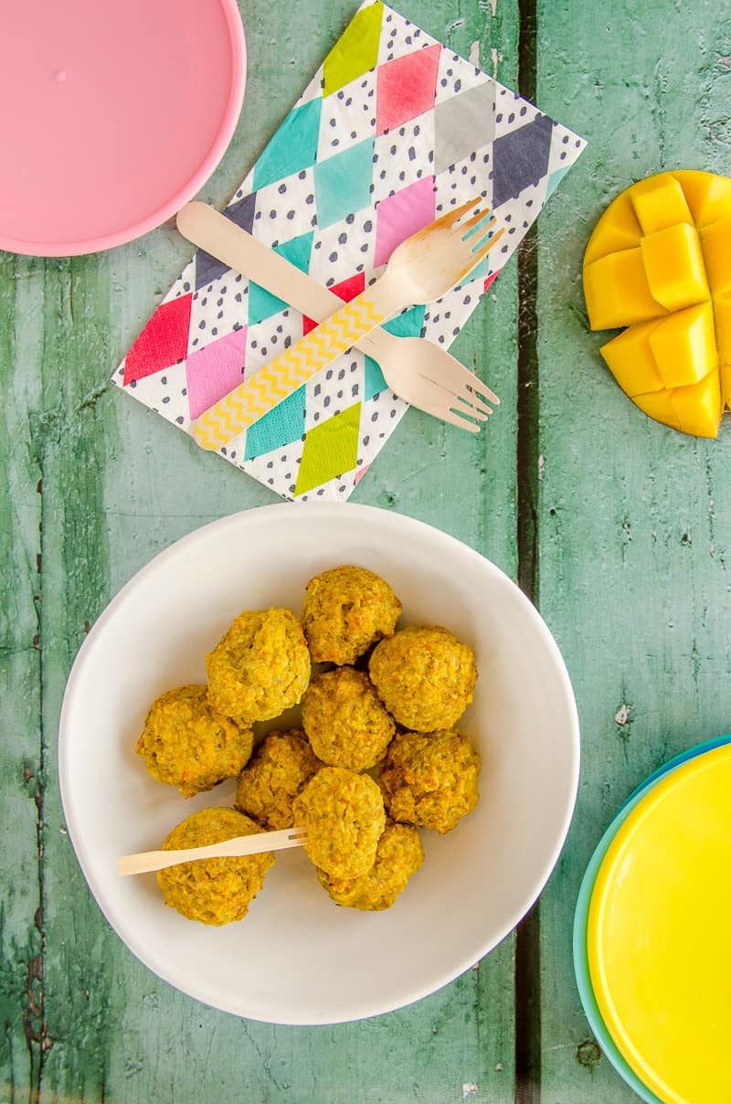 Mango Chicken Bites a Baked Chicken Meatball that is golden and fruity Kid Friendly Recipe