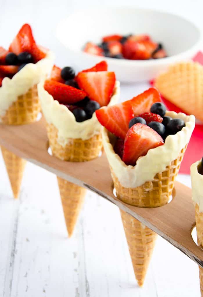 Red white and blue fun fruit cones a simple food idea or dessert idea for kids on the fourth of July