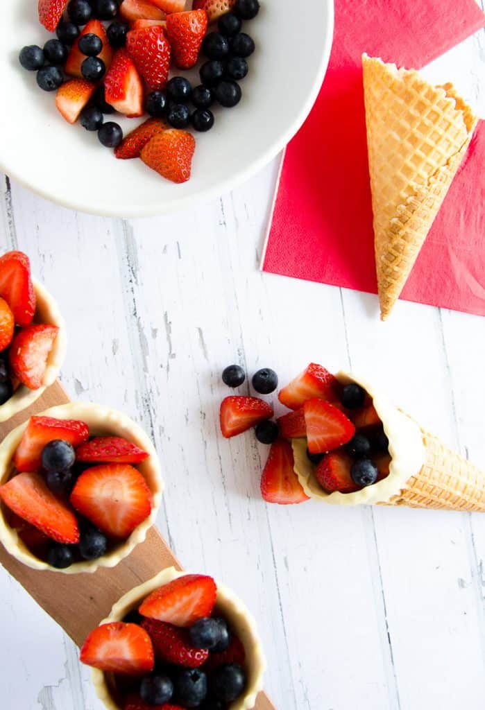 Red white and blue fun fruit cones a simple food idea or dessert idea for kids on the fourth of July