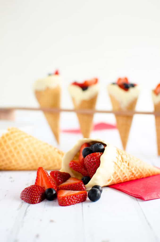 Red white and blue fun fruit cones a simple food idea or dessert idea for kids on the fourth of July