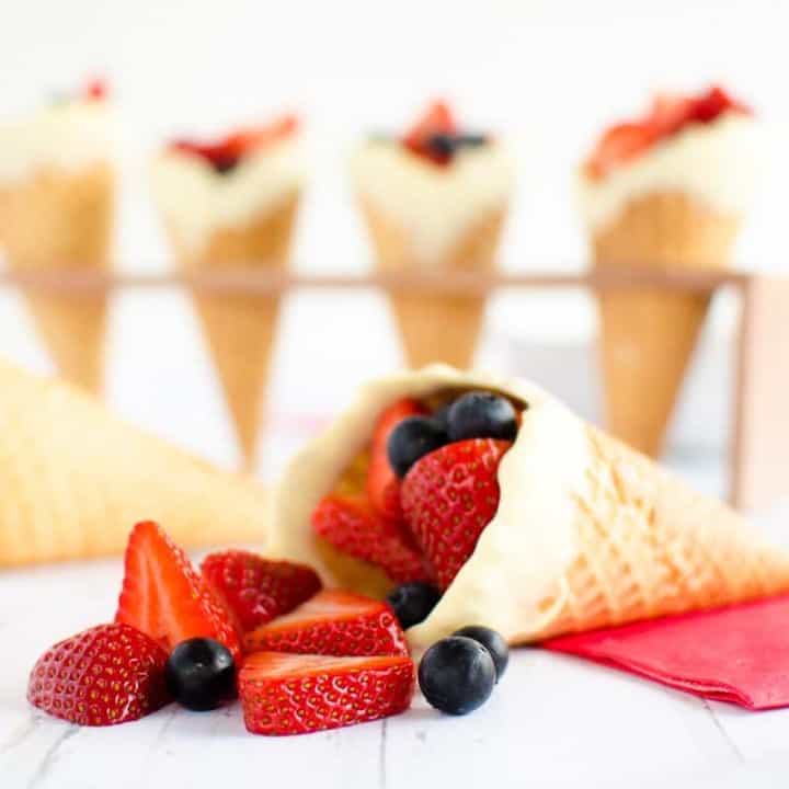 Red white and blue fun fruit cones a simple food idea or dessert idea for kids on the Fourth of July