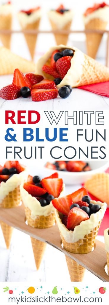 Red white and blue fun fruit cones a simple food idea or dessert idea for kids on the fourth of July