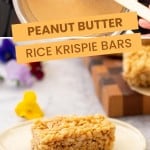 A two photo collage of peanut butter rice krispie bars with text overlay for Pinterest.