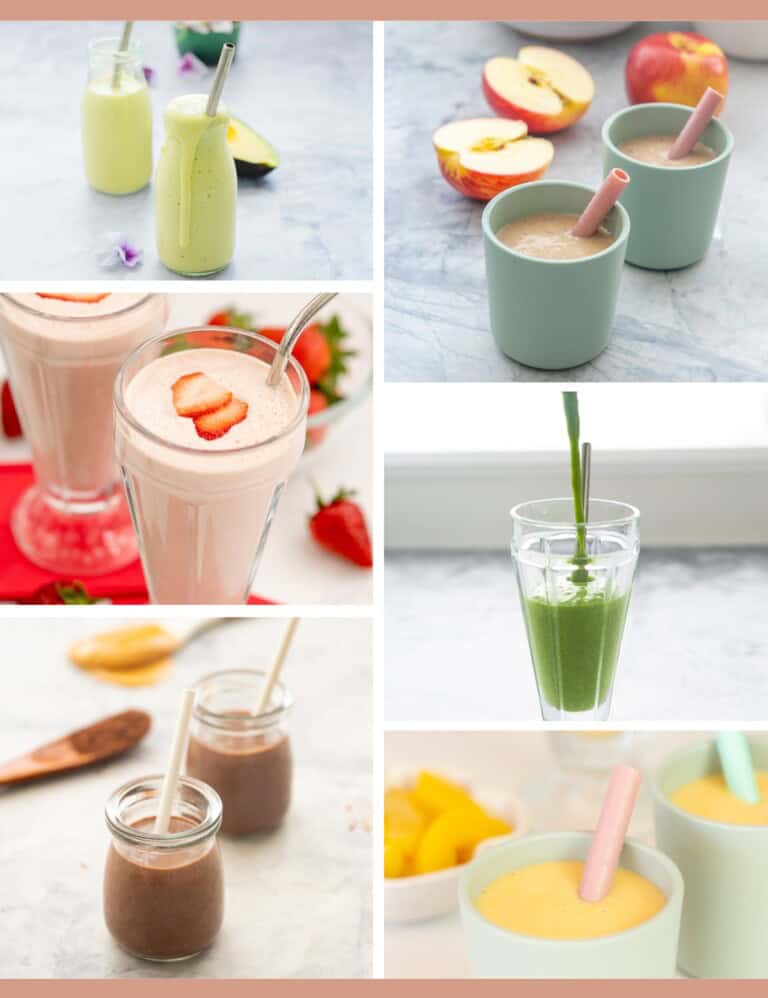 A collage of six different colourful smoothies.