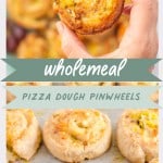 Two photo collage of wholemeal pinwheels with text overlay for pinterest