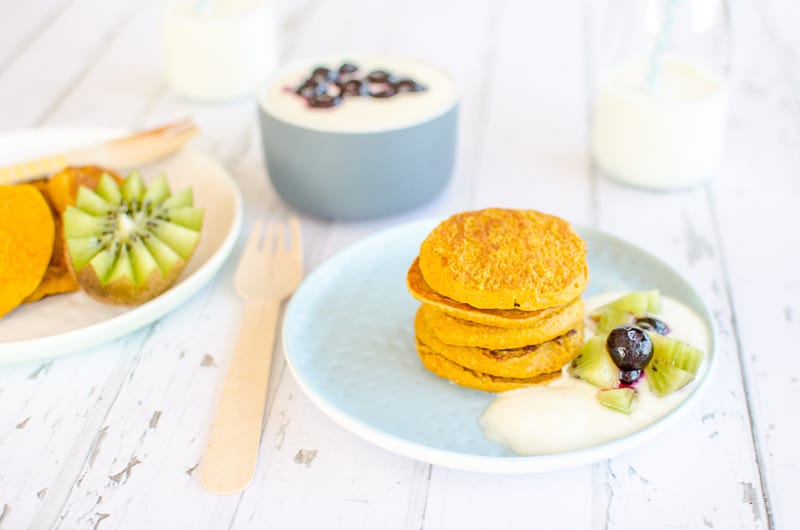 Wheat-free pumpkin pancakes perfect for kids and baby led weaning, Veggies at breakfast or afternoon tea