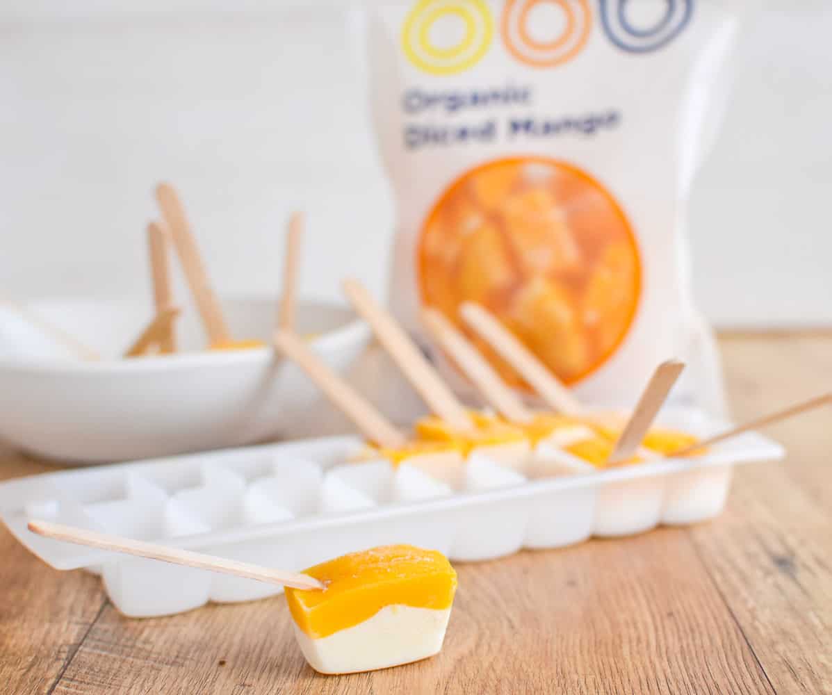 Frozen mango cheesecake bites, healthy dessert idea, easy, fun kid friendly 4 ingredients