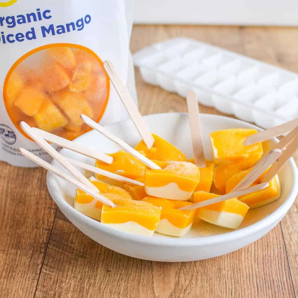 Frozen mango cheesecake bites, healthy dessert idea, easy, fun kid friendly 4 ingredients