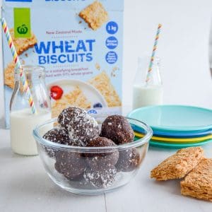 bliss balls with no dates and nut free, a great energy bite recipe for kids made with wheat biscuits