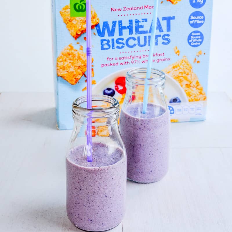 Blueberry banana breakfast smoothie made with wheat biscuits