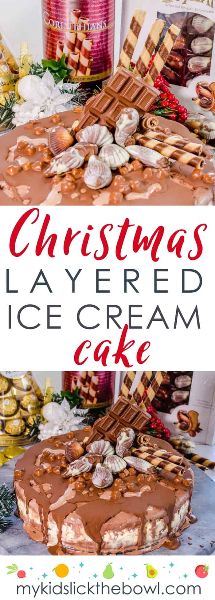 A delicious triple layer Christmas chocolate hazelnut ice-cream cake! Chocolate, vanilla and hazelnut flavoured ice-cream layers packed full of Christmas treats, Ferrero Rocher, Guylian Chocolates and More