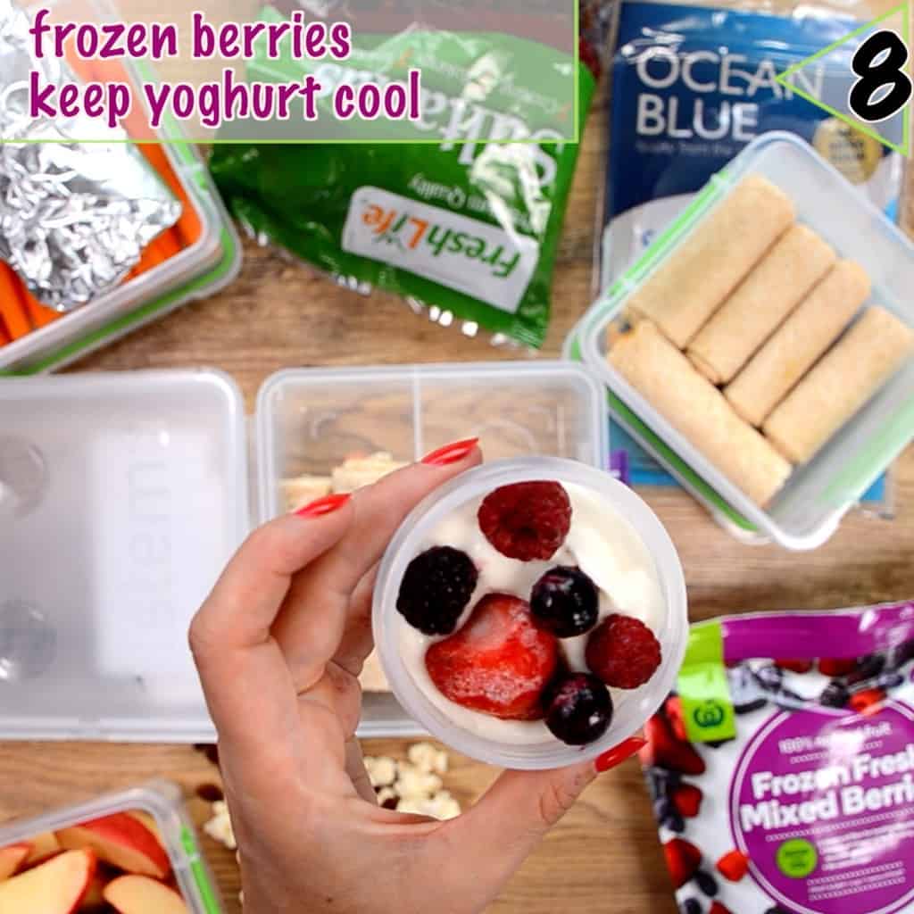Healthy lunch box ideas packing ideas, frozen berries keeps yoghurt cool