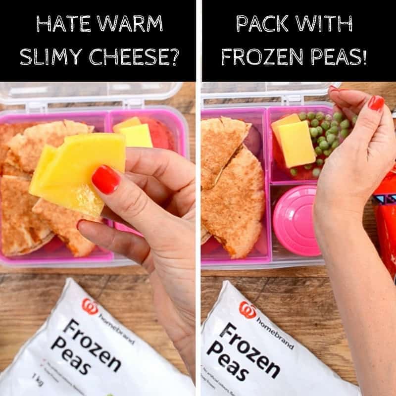 Healthy lunch box ideas start with prep, keep cheese from getting warm and slimy, try packing it next to frozen peas