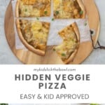 A four photo collage showing the steps to make hidden vegetable pizza sauce with text overlay for Pinterest.