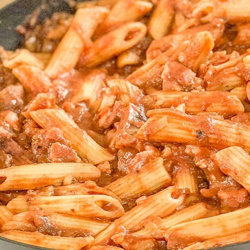 Tomato bacon pasta with hidden mushrooms A family friendly meal with hidden vegetables for picky eaters