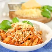Tomato bacon pasta with hidden mushrooms A family friendly meal with hidden vegetables for picky eaters