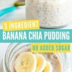 banana chia pudding, close up in small jar with baby spoon
