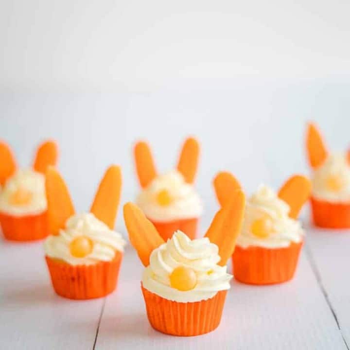 Easter Bunny Carrot Cupcakes are a fun easter treat for kids, as well as a brilliantly simple kitchen project to get kids baking in the kitchen this Easter! 