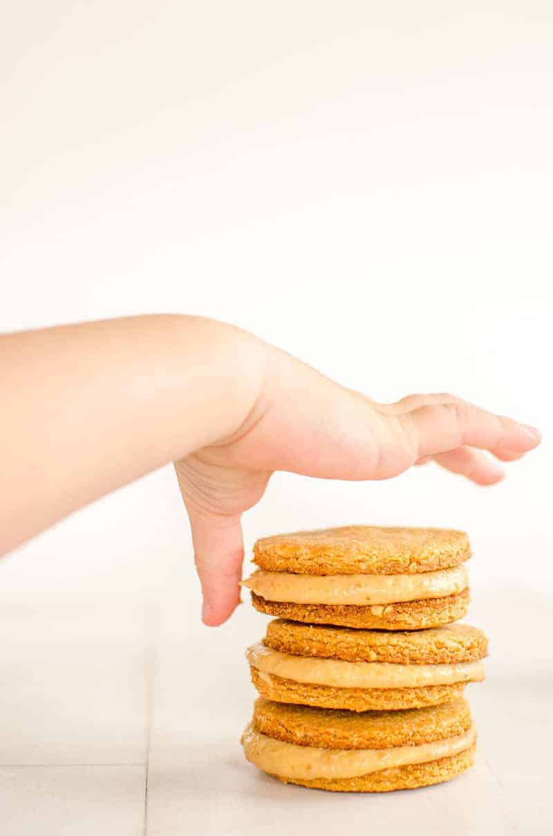 grain-free peanut butter cookies filled with healthy peanut butter cream 