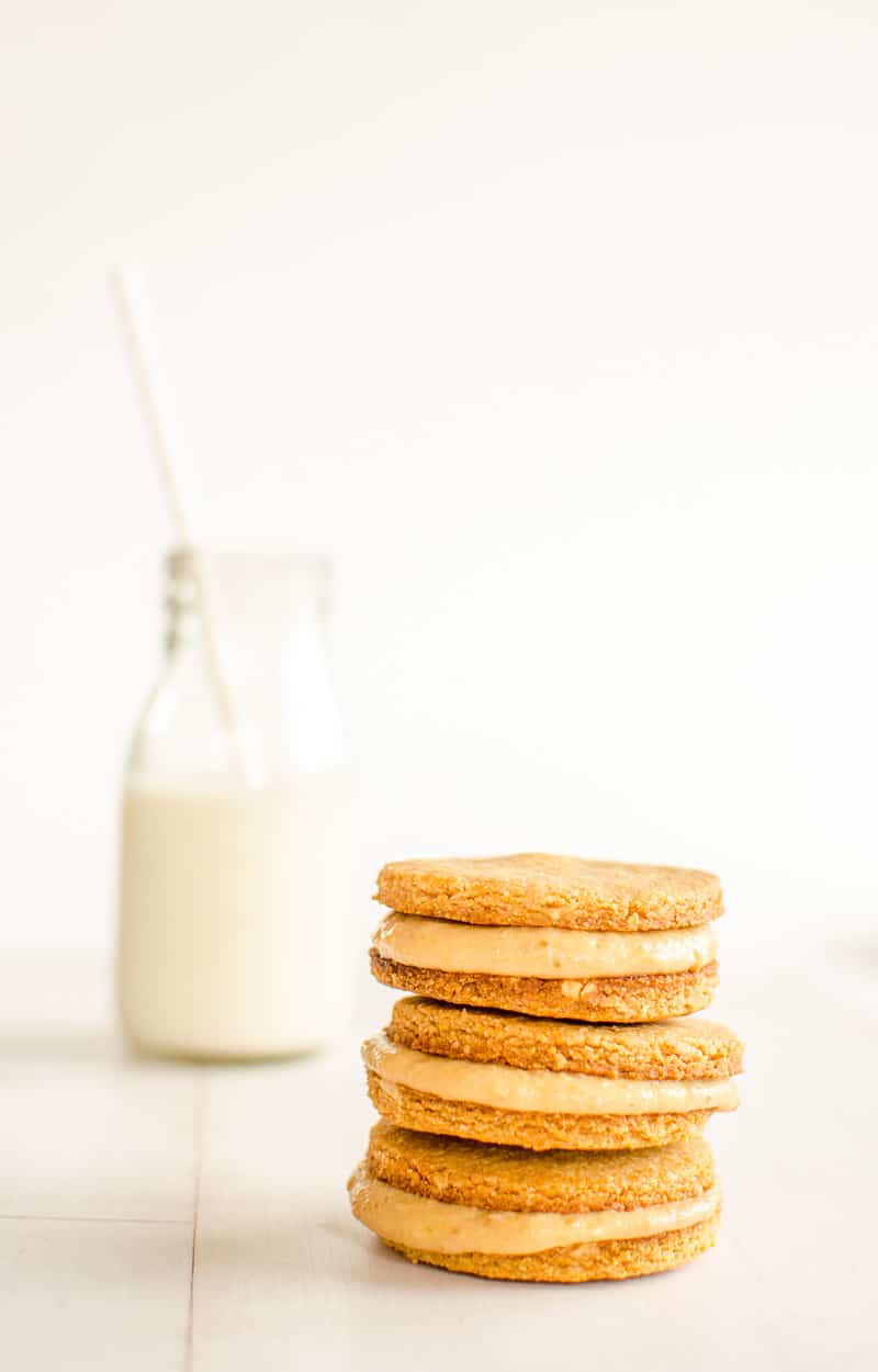 grain-free peanut butter cookies filled with healthy peanut butter cream 