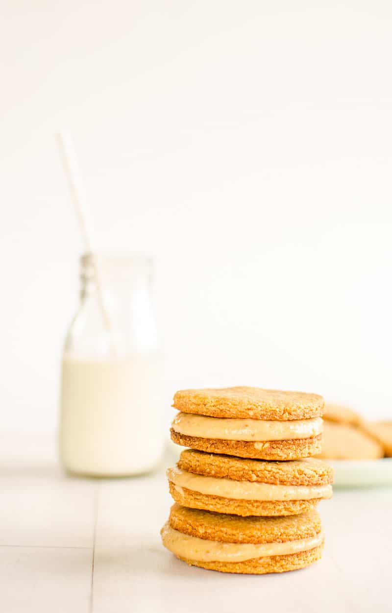 grain-free peanut butter cookies filled with healthy peanut butter cream 