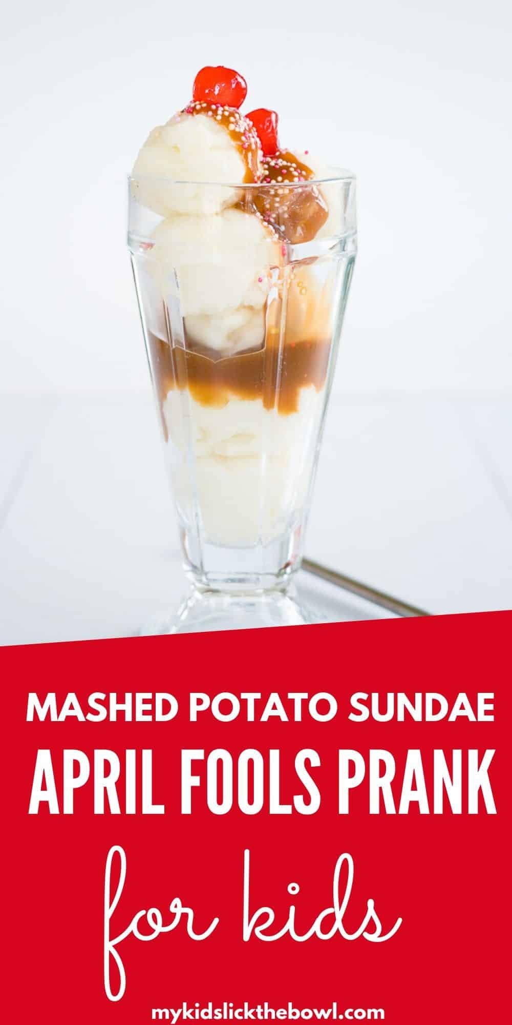 and ice cream sundae in a tall glass, made from scoops of mashed potato and gravy