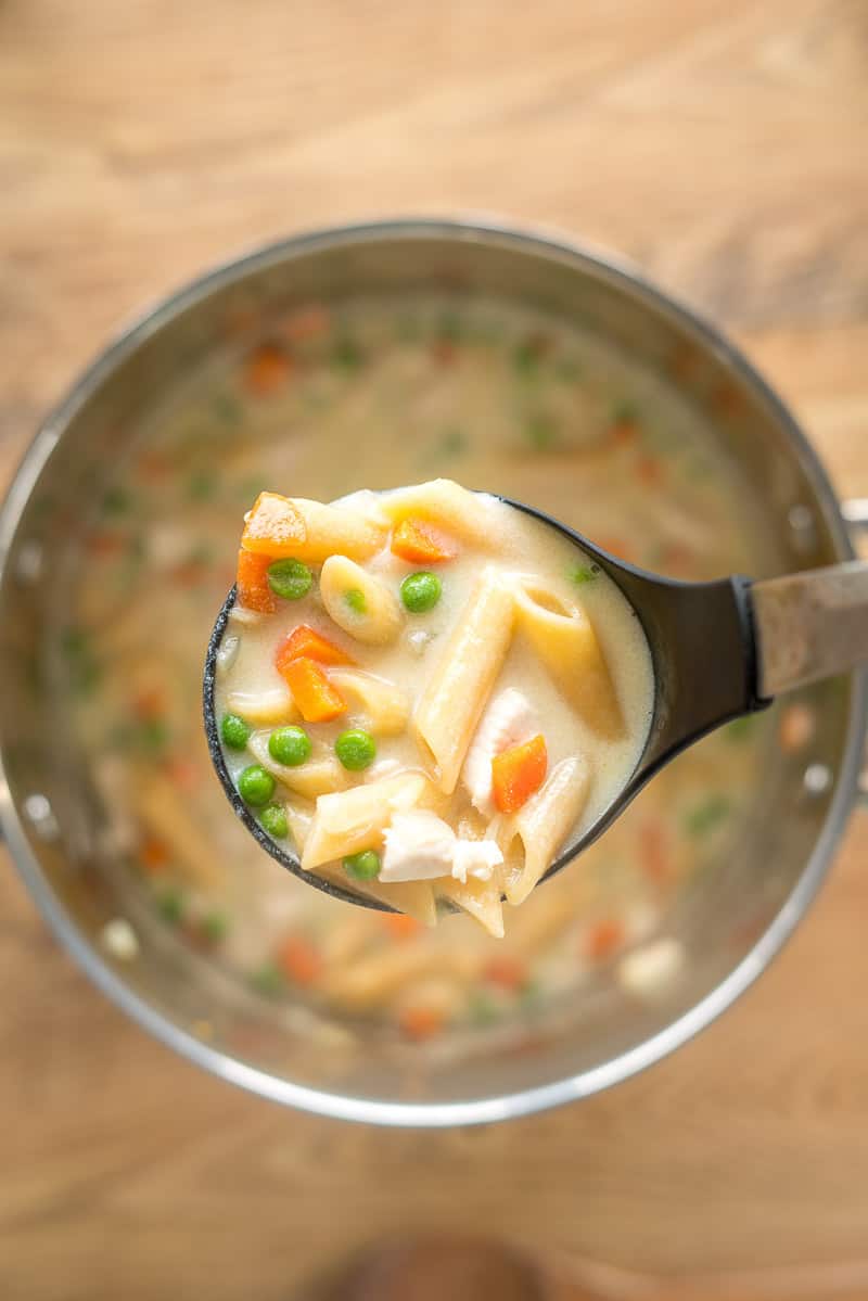 creamy chicken pasta soup with pasta, close up image of a soup in a ladle above a pot