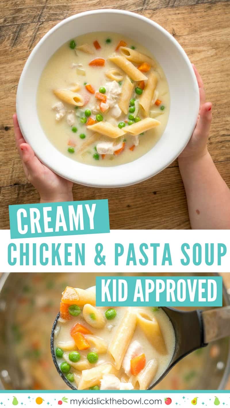 creamy chicken pasta soup with pasta, close up image of a soup in a ladle above a pot and childs hands reaching out to grab a bowl